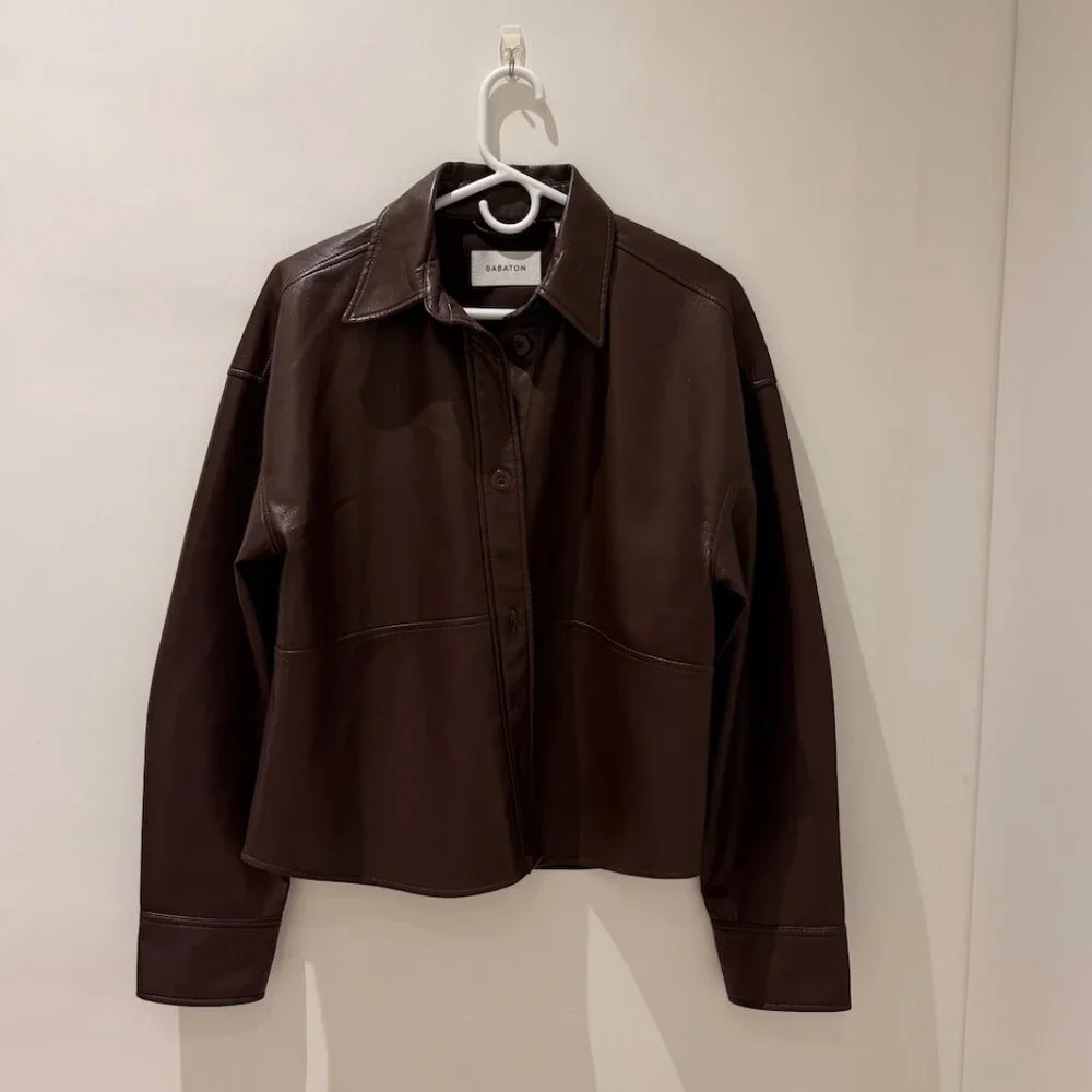 Aritzia Babaton Dark Brown Faux Leather Shirt Jacket Size Small LIKE NEW - Picture 4 of 7